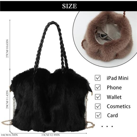 Furry Purse Winter Fluffy Bags Black - Picture 4 of 4